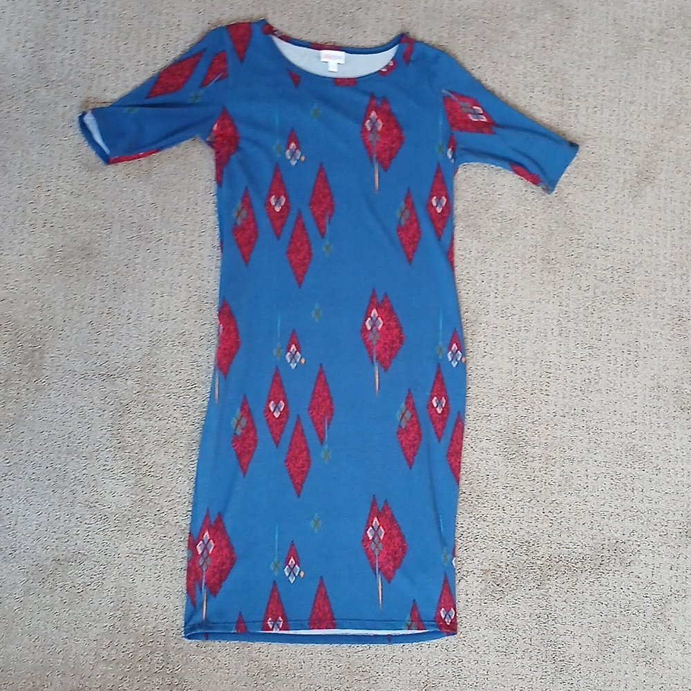LuLaRoe Julia Blue Dress with Red Diamond Print